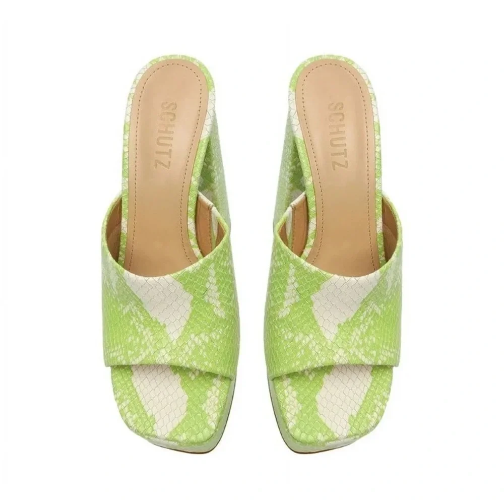 Schutz Darah Wild Green Snake Embossed Leather SlipOn High Heel Sandals Size 8.5